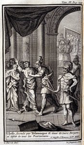 A Telemaque által második Ulysses és két pásztoruk feloszlatta az összes üldözőt. Lustráció a Homérosz Odüszeusának XXII. könyvéhez, az Odüsszeusban, 1731-ben Amszterdamban, Collection privee Milan. alkotó: Flemish School