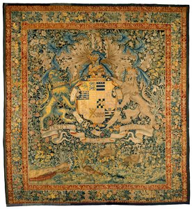 Verdure gobelin Robert Dudley, Leicester grófjának karjaival, 1570-1585 körül (gyapjú, selyem) alkotó: Flemish School