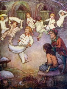 Tánc és párnacsata a földalatti házban (színes litográfia) alkotó: Flora White