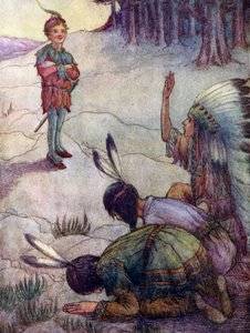 Indiánok tisztelegnek Pán Péter előtt, mint Nagy Fehér Atya (színes litográfia)