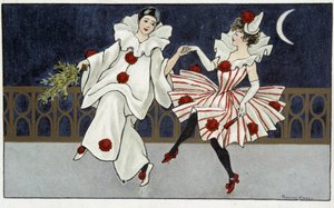 Pierrot és Colombine táncol a holdfényben - dess. írta: Florence Hardy, deb. 20. század