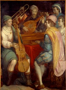 Koncert Lant zenészek, epinette, harsona és viola de gamba. A firenzei iskola névtelen festménye 1550-1600. Nap 1,8x1,3 m