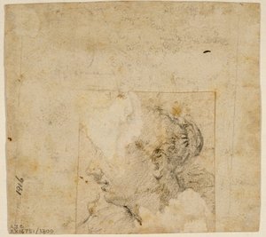 Női fej profilban balra; Vázlat a fákról és az épületről alkotó: Follower of Jacopo Bassano