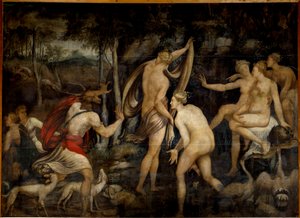 Diane (Artemisz), a vadászat istennője és Acteon, vadász A fontainebleau-i iskola festménye (16. század). Mérete 2,65 x 3,67 m