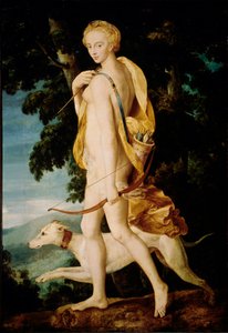 Az íjjal rendelkező istennőt egy kutya kíséri. A fontainebleau-i iskola festménye. 16. század V. 1,91 x 1,32 m Párizs, Musee du Louvre alkotó: Fontainebleau School