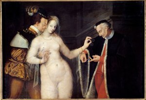 A két év közötti nő Jelenet egy prostituáltot ábrázol, akinek két különböző korú férfi udvarol. A fontainebleau-i iskola festménye. 1588 Rennes, Szépművészeti Múzeum