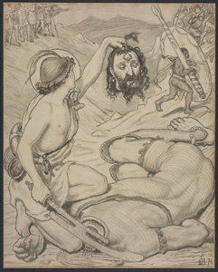 David és Góliát, Karikatúra ólomüveg ablakhoz a Jesus College-ban, Cambridge, 1872. alkotó: Ford Madox Brown