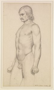 Férfi akt - Akadémiai tanulmány, háromnegyedes akt, bajusszal és ökölbe szorított ököllel alkotó: Ford Madox Brown