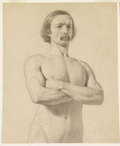 Férfi akt - Akadémiai akt tanulmány, félhosszú, bajusszal és összefont karokkal alkotó: Ford Madox Brown