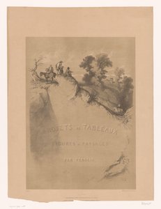 Címnyomat sziklatájjal és utazókkal a szurdok mentén Férogio táj- és alaktanulmányai (sorozat címe) Projets de tableaux de figures et paysages, par Férogio (sorozat címe az objektumon)