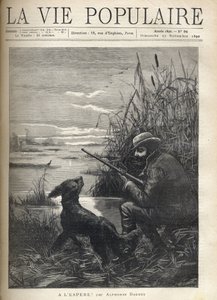 Egy madárvadász a mocsárban figyel a kutyájával. F. Meaulle illusztrációja a „” szóhoz Remélhetőleg! „”: Alphonse Daudet (1840-1897). Metszet 1890-ből a „La vie populaire” c. Magángyűjtemény alkotó: Fortune Louis Meaulle