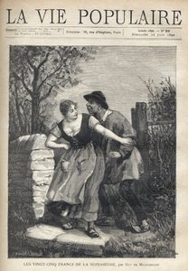Pár paraszt, a blúzos és patás férfi mosolyogva és könnyeden ugrálta meg a fiatal nőt, aki hátralökte. E. Bertin illusztrációja: Guy de Maupassant (1850-1893). Fortune Meaulle metszete (184 alkotó: Fortune Louis Meaulle