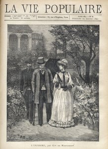 Egy bequilles férfi sétál egy elegáns fiatal nővel egy park sikátoraiban. Egy második férfi követi őket. Guy de Maupassant (1850-1893) Fortune Louis (Fortune-Louis) Meaulle illusztrációja a „” L
