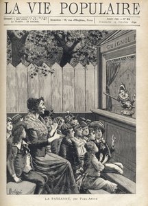 Egy nő egy gyerekcsoport közepén tapsol egy bábelőadásnak (Guignol). Montegut Fortune Meaulle illusztrációja Paul Arene (1843-1896) „A paraszt” számára. Metszet „La vie populaire” alkotó: Fortune Louis Meaulle