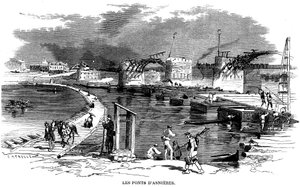 Miután 1870-ben, Párizs ostroma alatt az asnieres-i híd leégett, egy csónakhíd (csónakhíd) épült - Meaulle metszetén (1870 körül), a híd mellett egy másik fa szerkezetet detruit - Commune de Paris -. alkotó: Fortune Louis Meaulle