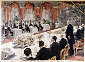 Vacsorát Felix Faure köztársasági elnöknek ajánlott fel a Kereskedelmi és Ipari részleg, „” Le petit Journal”” október 24. alkotó: Fortune Louis Meaulle