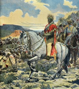 Menelik 2. király lovas portréja az adoui csatában