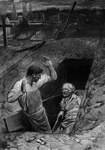 Illusztráció Victor Hugo "Nyomorultak" című regényéhez (2. rész: Cosette), Meaulle metszete: Fauchelevent és Jean Valjean alkotó: Fortune Louis Meaulle