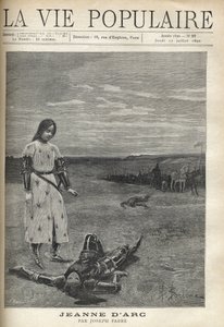 A fegyveres lovagok csapata előtt Jeanne of Arc páncélban, meztelen fejjel szomorúan nézi egy halott lovag testét a padlón, fejét vértócsában fürdeti. Illusztráció: Bernard Borione (1865-20. század), Joan of Arc számára, Joseph F. alkotó: Fortune Louis Meaulle