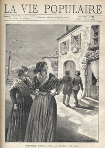 Egy provence-i falu utcáin két csinos, provence-i ruhás nő fordul vissza az utcára, hogy szembeszálljon egy férfival, aki magabiztosan a szemük felé fordul. Montegut illusztrációja Frederic Mistral népszerű emberéhez (1830-1914). Metszet: Fo alkotó: Fortune Louis Meaulle