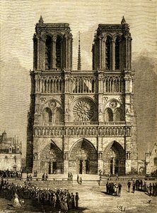 Notre-Dame de Paris (Notre-Dame) 1482-ben: nyugati homlokzat és parvis. F. Meaulle metszete, Viollet le Duc (Viollet-le-Duc) rajza alapján, amely Victor Hugo azonos című regényét illusztrálja, Ollendorff kiadás 20. század eleje. Balra lent, alkotó: Fortune Louis Meaulle