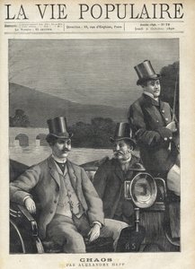 Két öltönyös és cilinderes férfi lóvonóba beállítva, egy kocsis vezetésével. Egy folyó mentén haladnak. Illusztráció a Káoszhoz, Alexandre Hepp (1857-1924). Fortune Meaulle metszete (1844-1901) alkotó: Fortune Louis Meaulle
