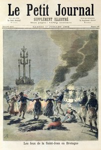 A nyári napforduló megünneplésére gyújtott máglyák Bretagne-ban, a „Le Petit Journal” címlapja, 1893. július 1. (színes metszet)