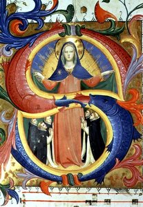 Ms 558 f.156v Történeti kezdetű „S”, amely a Szűzet ábrázolja, amint a köpönyege alatt menedéket kér, részlet egy misekönyvből, 1430-as évek eleje (vellum) (88940 részlet) alkotó: Fra (c.1387 1455) Angelico