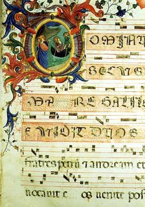Ms 558 f.9r Történeti kezdetű „O”, amely Szent Péter és Szent András elhívását ábrázolja kottajelzéssel, egy misekönyv oldalának részlete, 1430-as évek eleje (vellum) (a részleteket lásd: 78833 és 88929) alkotó: Fra (c.1387 1455) Angelico