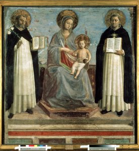 ""Madonna és a gyermek körülötte Guzman Szent Domonkos (1170-1221), a domonkos rend alapítója és Aquinói Szent Tamás (1225-1274) egyházdoktor" (A Szűz és a Gyermek Szent Domonkossal és Aquinói Tamással) Szarvasgomba fagyöngy fán