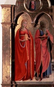Szűz és négy angyal trónoló gyermeke, Szent János evangélista és Mária Magdolna részlete, a Polittico di San Domenico-ból (43910. részlet) alkotó: Fra (c.1387 1455) Angelico