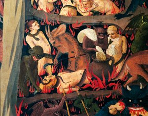 Pokol démonokkal, akik a kapzsiakat büntetik, részlet Giovanni da Fiesole Utolsó ítéletéből, Fra Angelico néven (1400-1455 körül), tempera a fán