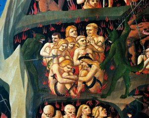 Pokol démonokkal, akik büntetik a lustakat, részlet Giovanni da Fiesole Utolsó ítéletéből, Fra Angelico (1400-1455 körül), tempera fán