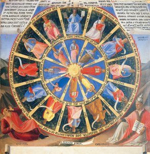 A misztikus kereket ábrázoló betét próféták és evangélisták alakjaival, az Armadio degli Argenti (Ezüstláda) tablója Jézus életével