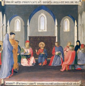 Betét, amely az orvosokkal folytatott vitát ábrázolja a templomban, az Armadio degli Argenti (Ezüstláda) panel Jézus életével alkotó: Fra (c.1387 1455) Angelico