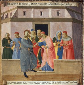 Júdás elment a főpapokhoz, és beleegyezett, hogy harminc ezüstpénzért cserébe átadja Jézust. Krisztus élete, Armadio degli Argenti. (Tempera fán