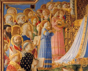A Szűz koronázása, részlet a Saints and Angels zenészekről. Guido di Pietro (vagy Giovanni da Fiesole) festménye, Angelico vagy a Boldogságos (1387-1455)