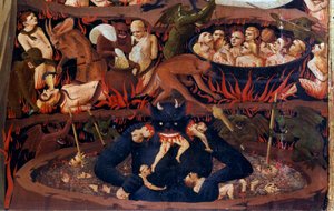 Az utolsó ítélet: részlet az alvilágról. Átkozottak a pokoli körökben, démonok kínzásai. Guido di Pietro (vagy Fra Giovanni da Fiesole) Fra Angelico vagy il Beato (1387-1455) detrempe részlete fán