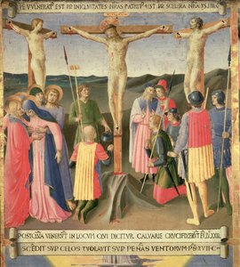 Krisztus a kereszten a két tolvaj között, részlet a Santissima Annunziata ezüstkincstárának negyedik táblájáról, 1450-53 körül (tempera a panelen) alkotó: Fra Angelico
