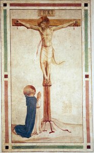A keresztre feszítés Szent Domonkossal. "INRI"" felirat a kereszten. Guido di Pietro freskója alkotó: Fra Angelico