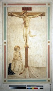 A keresztre feszítés Szent Domonkossal. "INRI"" felirat a kereszten. Guido di Pietro freskója alkotó: Fra Angelico
