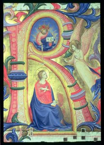 Ms 558 f.33v Az Angyali üdvözlet történeti R kezdőbetűvel ábrázolva, egy misekönyv részlete, az 1430-as évek elején készült, 88932-es vellum részlet alkotó: Fra Angelico