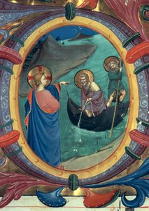 Ms 558 f.9r Szent Péter és Szent András elhívása, a történetileg írt O kezdőbetű részlete egy misekönyvből, az 1430-as évek eleji pergamen részlet a 88928-ból alkotó: Fra Angelico