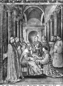 II. Sixtus pápa (megh. 258) átadja a diakóniát Szent Lőrincnek (megh. 258) az V. Miklós kápolnából alkotó: Fra Angelico