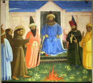 A tűzpróbán Szent Ferenc felajánlja, hogy tűzön keresztül megy, hogy megtérítse az egyiptomi szultánt (Legenda maior, IX, 8). alkotó: Fra Angelico