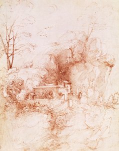 Sziklás táj kolostorral, Fra Bartolomeo (1472-1517) rajza.