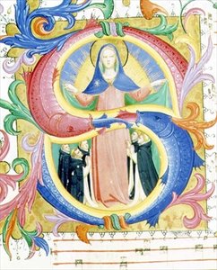 558. misekönyv f.156v Történeti „S” kezdőbetű, amely a Szűzet ábrázolja, amint menedéket nyújt a kérőknek a köpenye alatt, 1429-30 körül (vellum) alkotó: Fra and Strozzi Zanobi di Benedetto Angelico