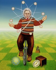 Einstein zsonglőrködés az idővel, 2000 (olaj és tempera a panelen)