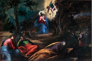 Az ima az olajfák kertjében Jobb oldalon Júdás érkezik a katonákkal, hogy megállítsák Jézus Krisztust. Francesco Bassano, a fiatal (kb. 1549-1592) festménye Velence, Chiesa del Redentore, Olaszország alkotó: Francesco Bassano