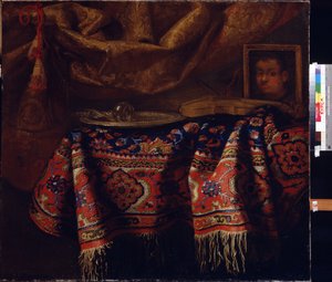 Csendélet önarcképpel. (Csendélet önarcképpel). Francesco Fieravino festménye (1610 és 1660 között). Olasz művészet, barokk stílus. Regionális A. Deineka Művészeti Galéria, Kurszk, Oroszország alkotó: Francesco (b.1640) Fieravino